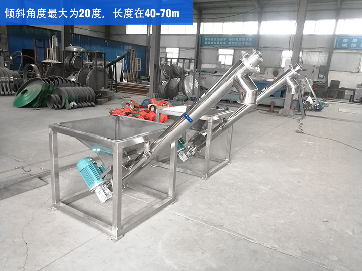 GX型絞龍輸送機傾斜角度最大為20度，長度在40-70m